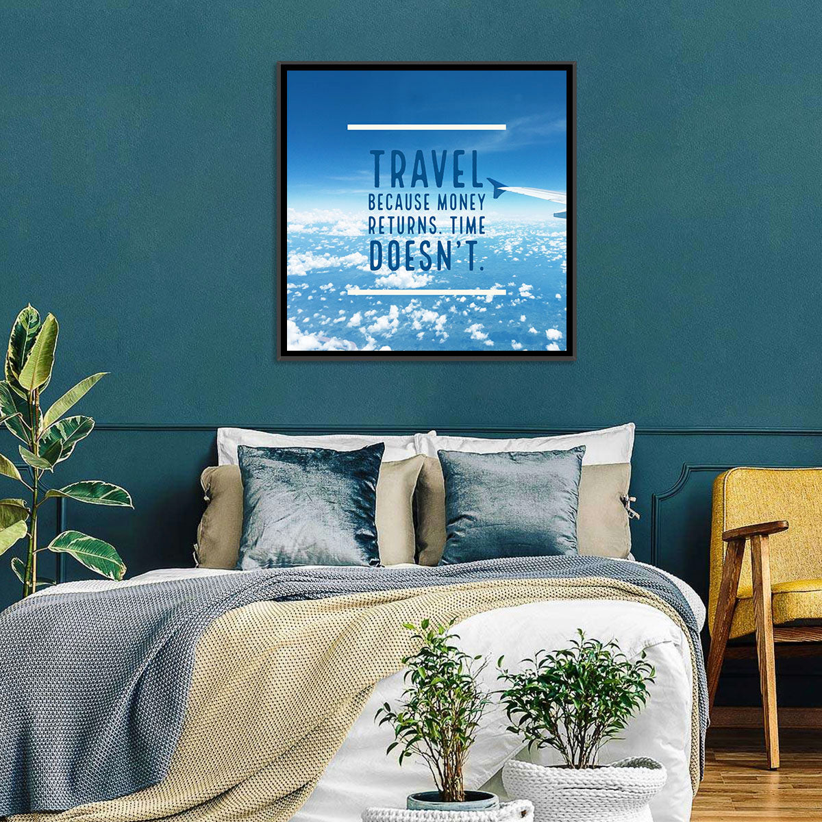 Travel Because Money Returns Quote Wall Art in a room, square