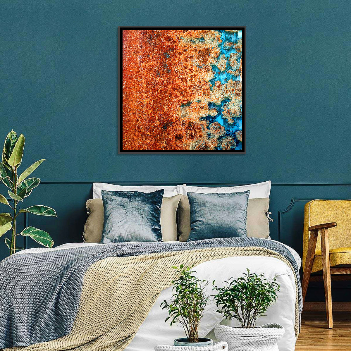 Oxidized Steel Abstract Wall Art in a room, square