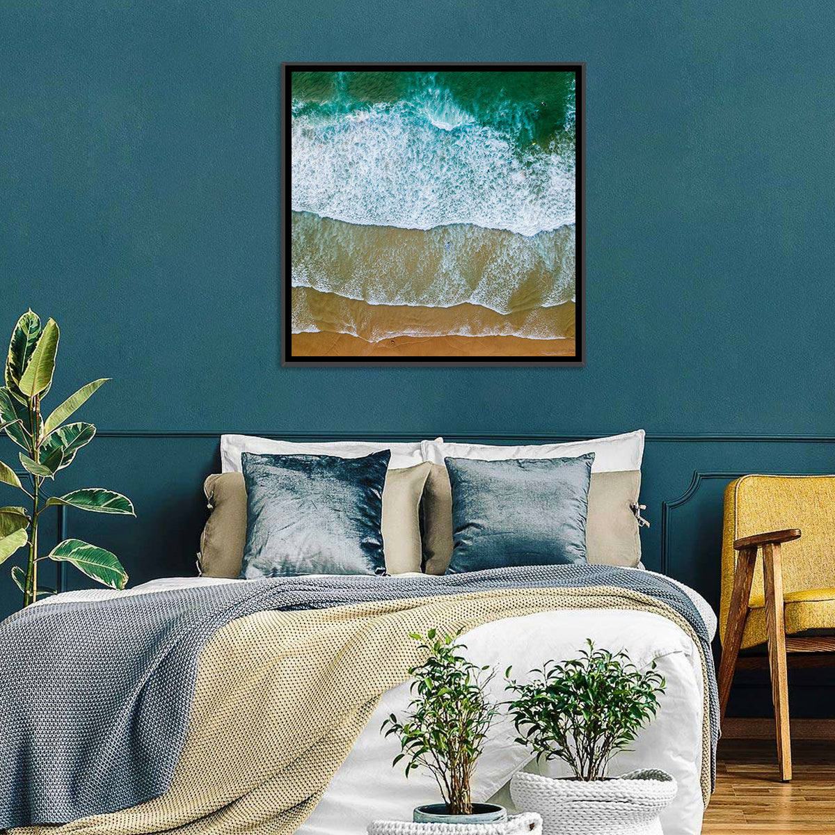 Aerial Teal Beach with Surfers Wall Art