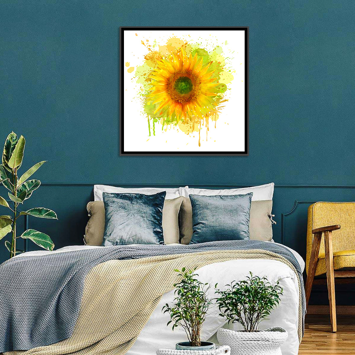 Watercolor Sunflower Wall Art in a room, square