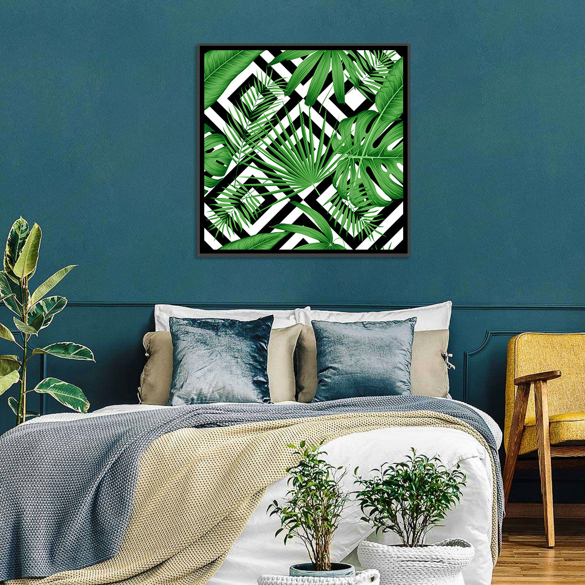 Tropical Geometric Leaves Pattern Wall Art in a room, square