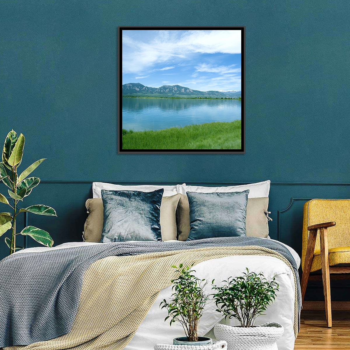 Boulder Reservoir and Flatirons Wall Art in a room, square