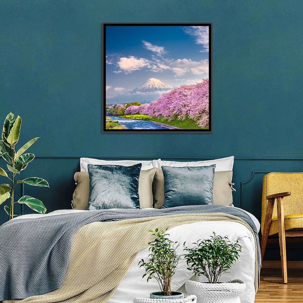 Mount Fuji Cherry Blossoms Wall Art in a room, square
