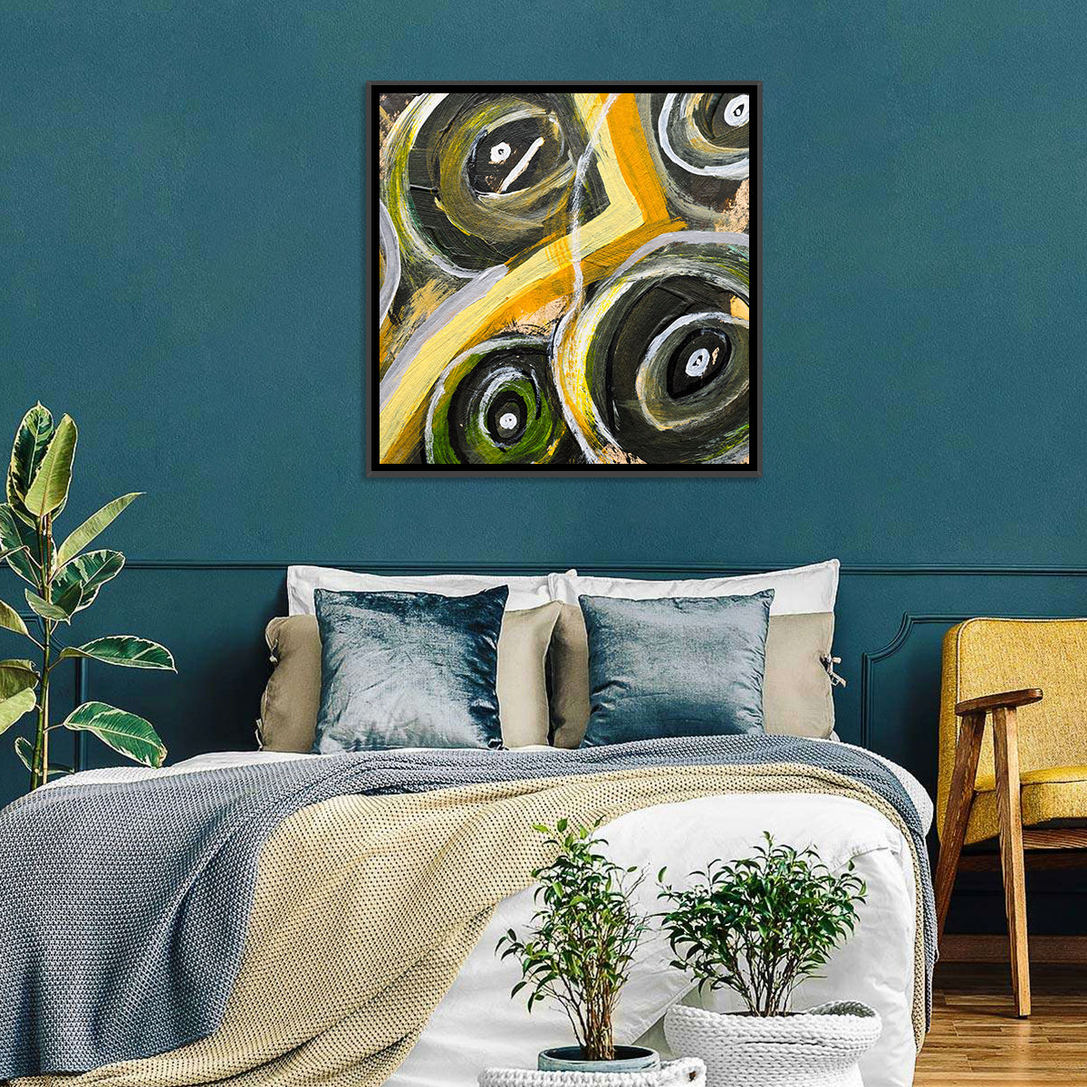 Impasto Swirl Circles in Yellow and Black Wall Art