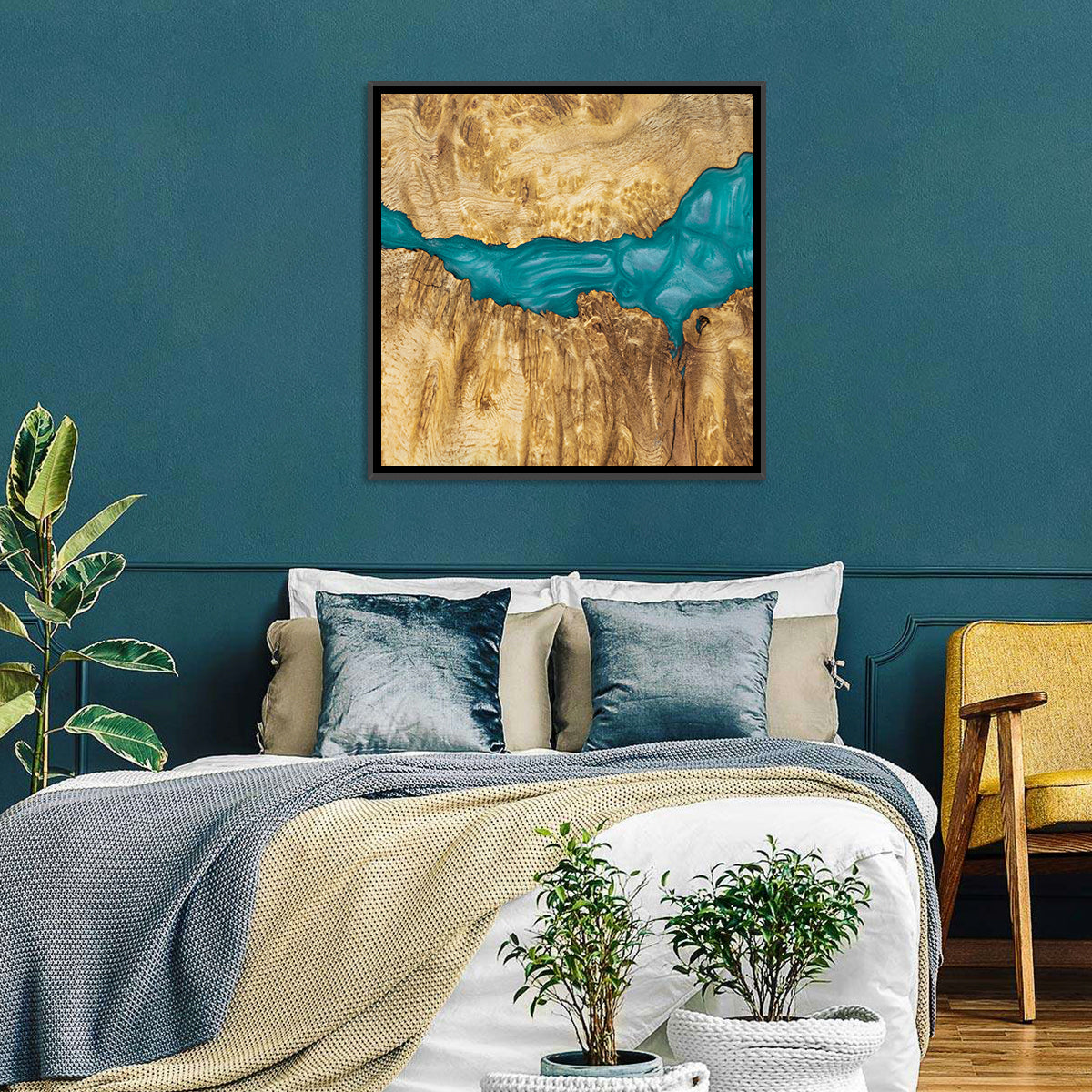 Burled Wood River with Teal Resin Wall Art