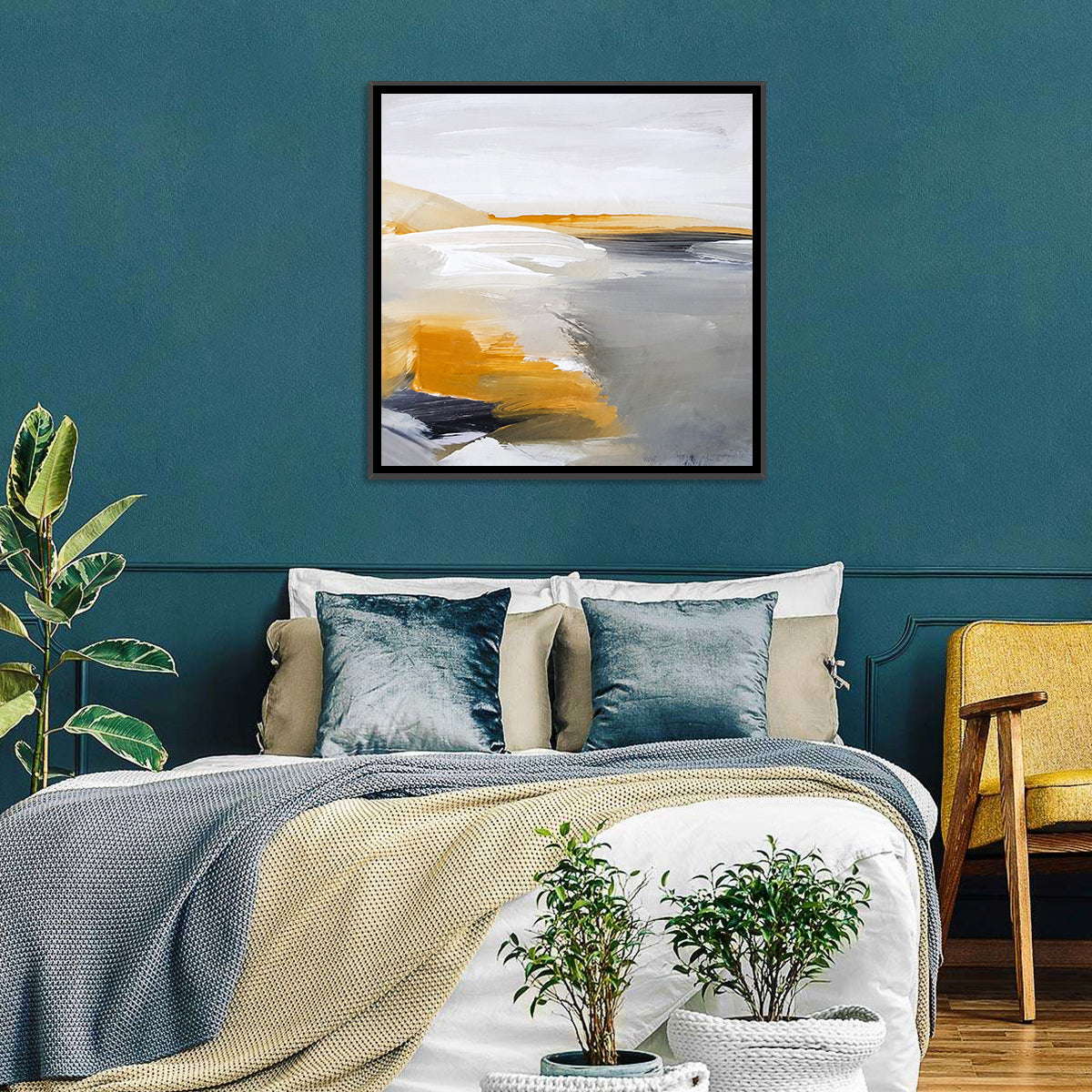 White Coastal Abstract Landscape Wall Art in a room, square
