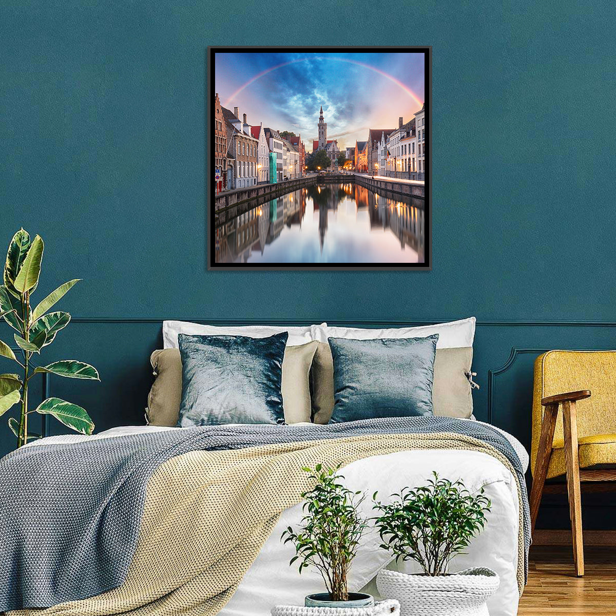 Bruges Twilight Rainbow Over Spiegelrei Canal Wall Art