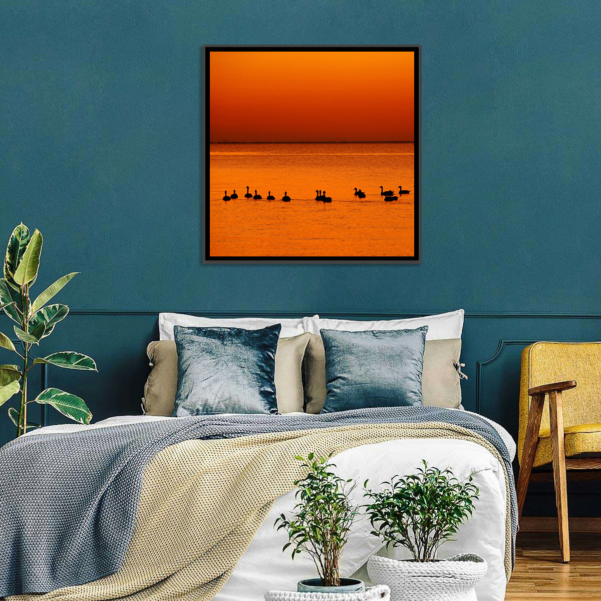 Geese Silhouettes at Orange Sunset Wall Art