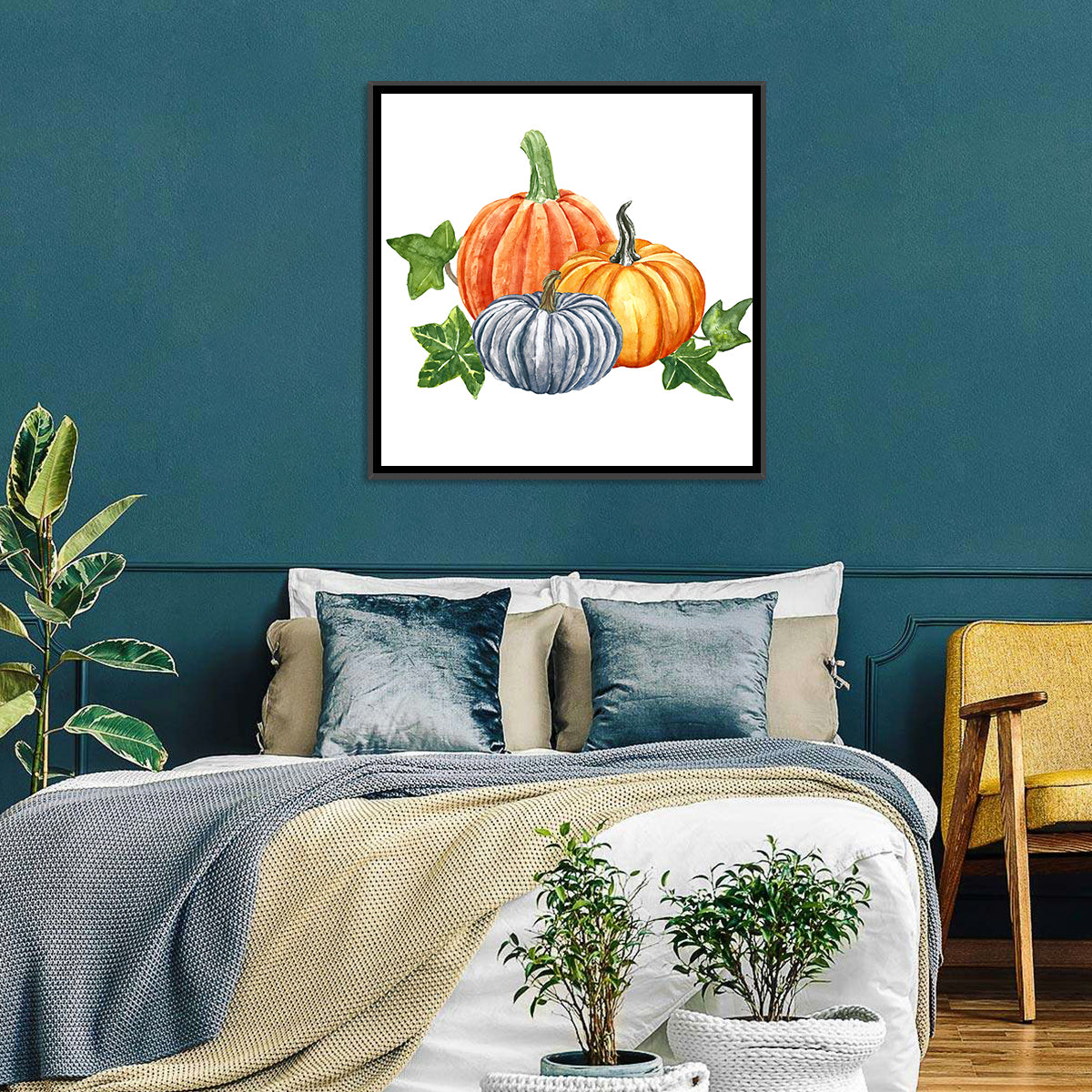 Festive Pumpkin Trio Watercolor Wall Art in a room, square