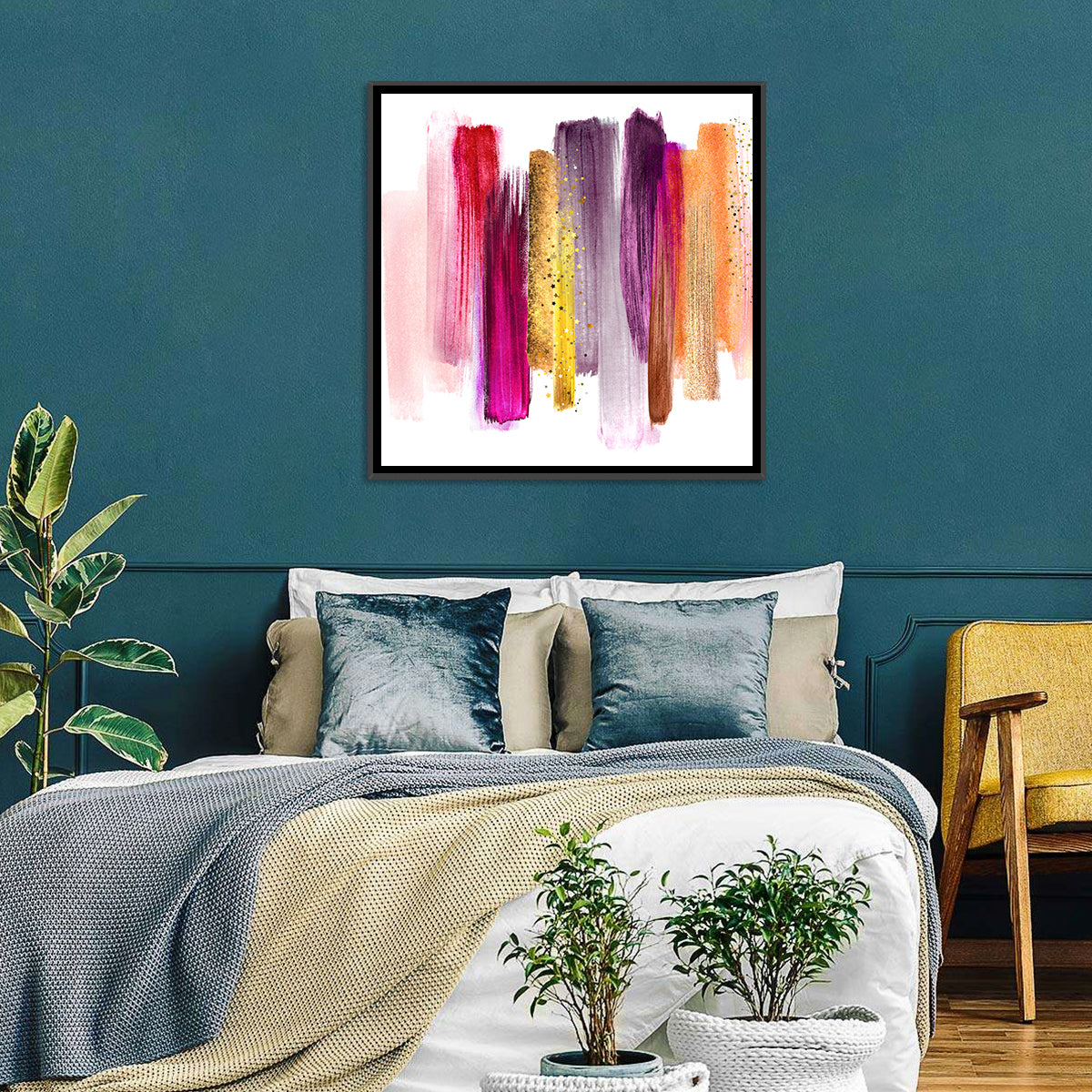 Fuchsia and Gold Brush Strokes Wall Art in a room, square