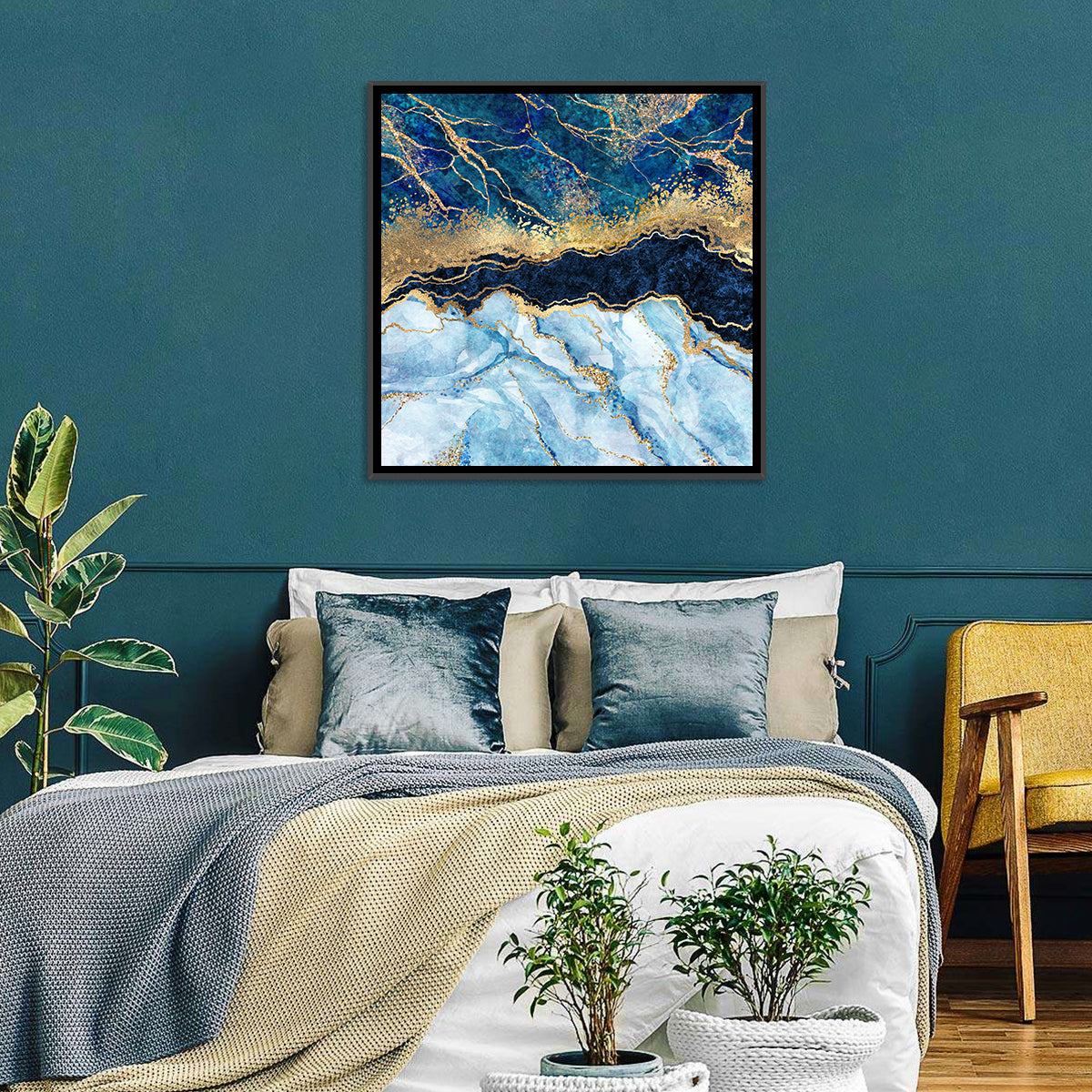Navy Blue Marble with Gold Veins Wall Art