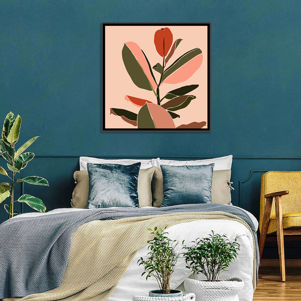 Ficus Leaves Silhouette Wall Art in a room, square