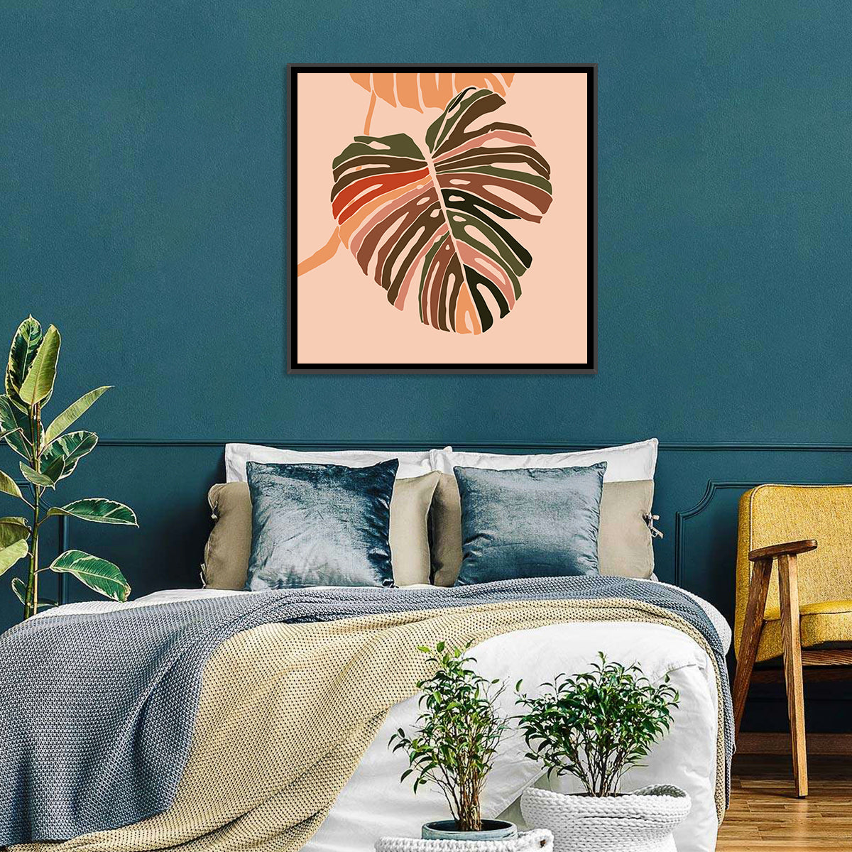 Monstera Leaf Abstract Wall Art in a room, square