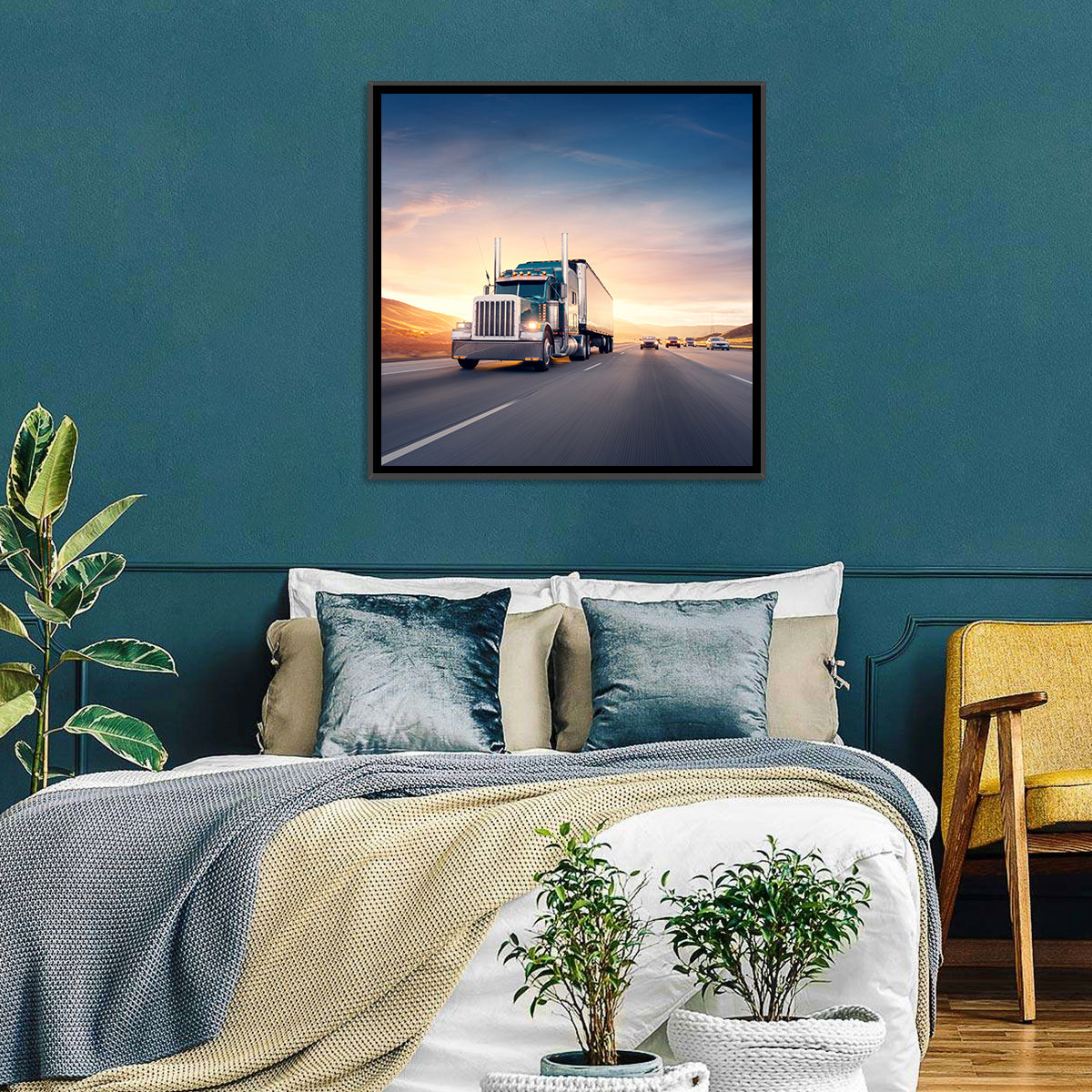 Semi Truck Highway Sunset Wall Art