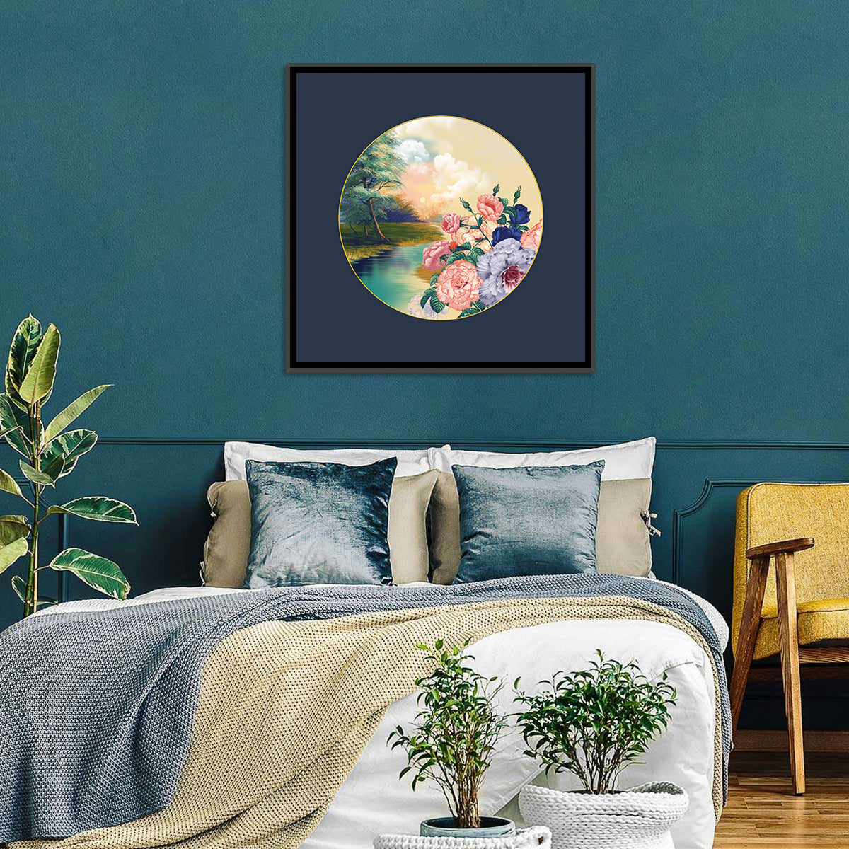 Golden Garden Circle Wall Art in a room, square