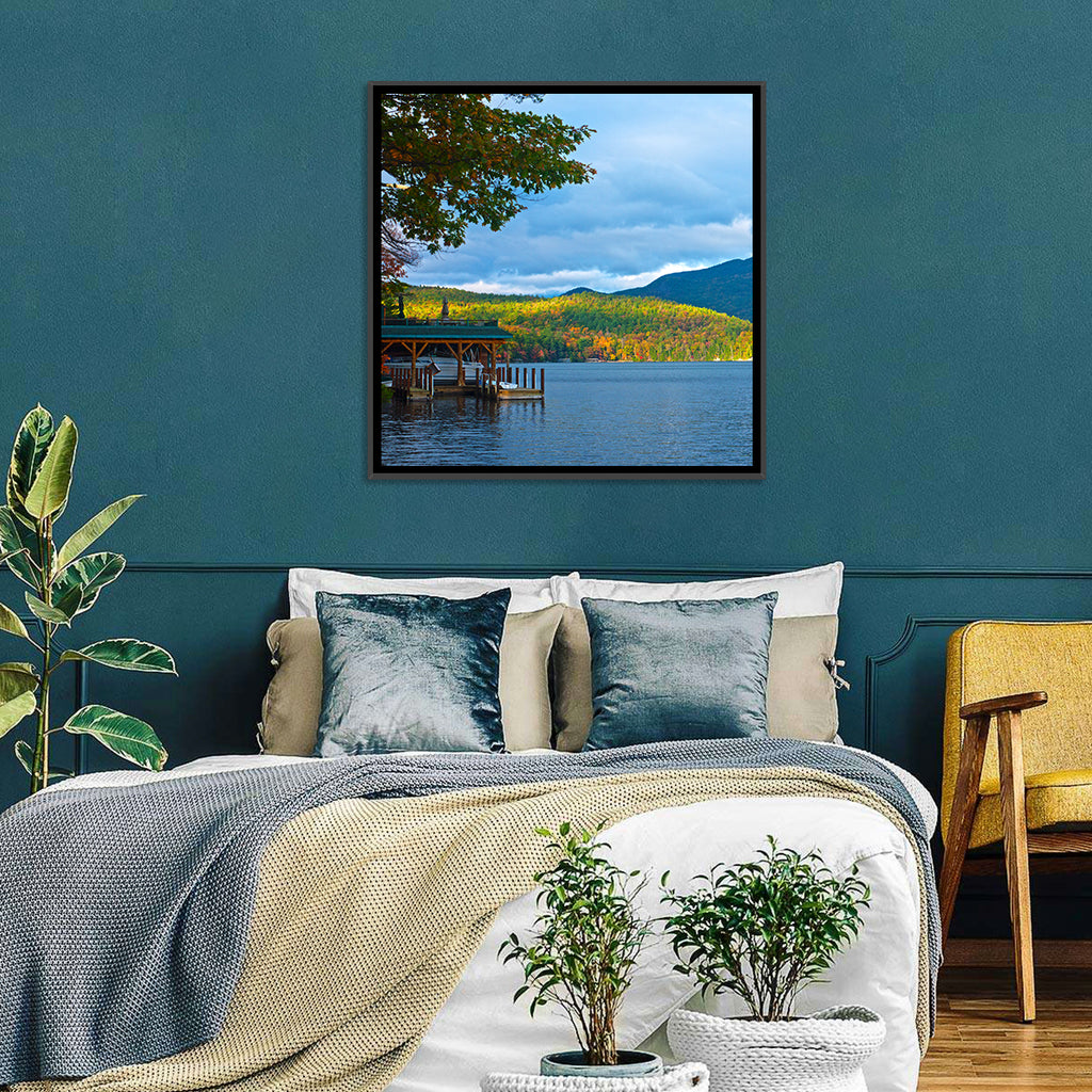 Lake George Boathouse in Autumn Wall Art