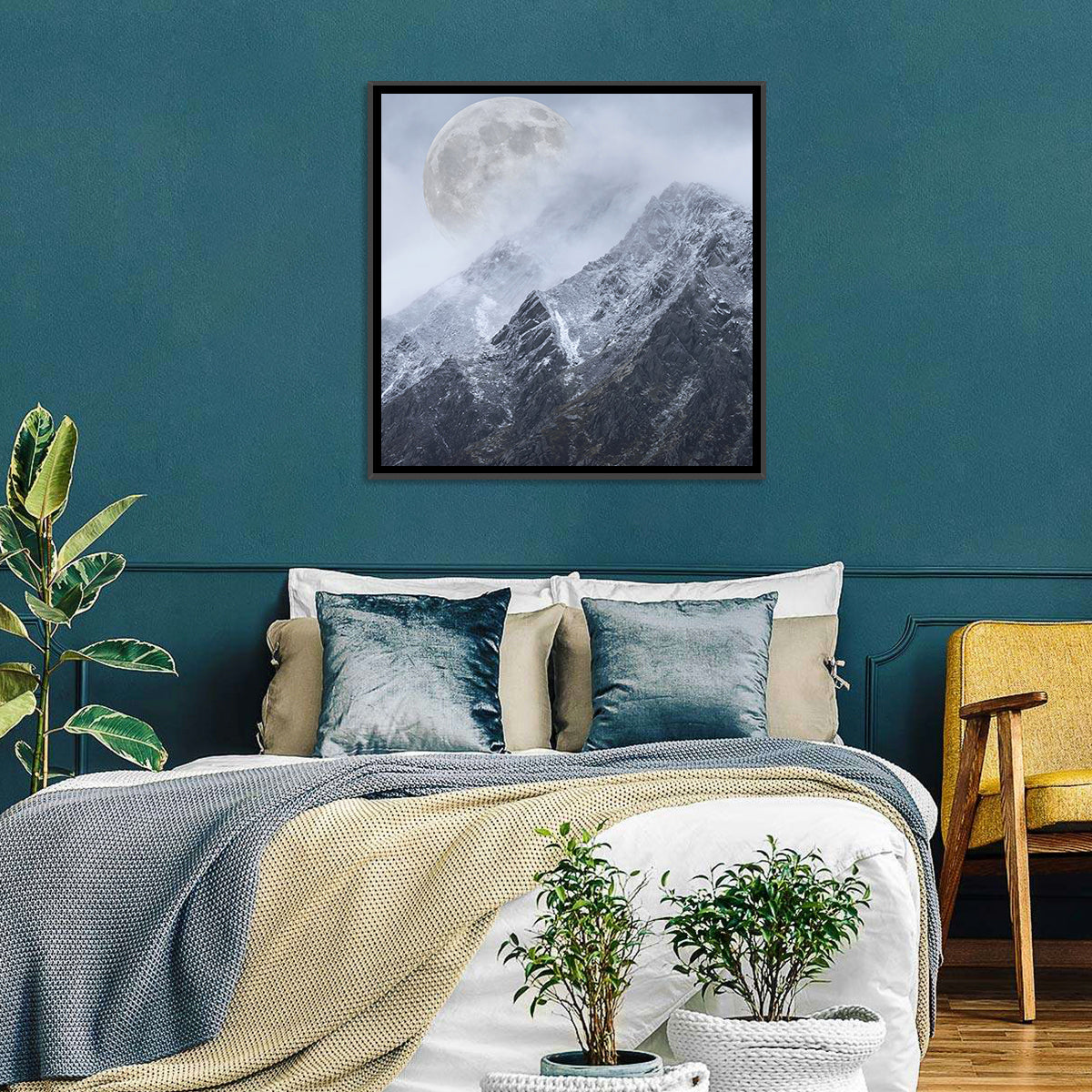 Supermoon Over Snow-capped Peaks Wall Art in a room, square