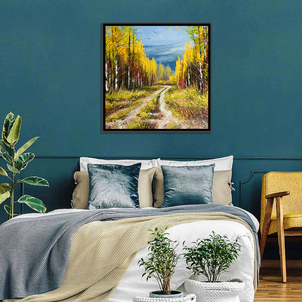 Autumn Birch Path with Two Birds Wall Art