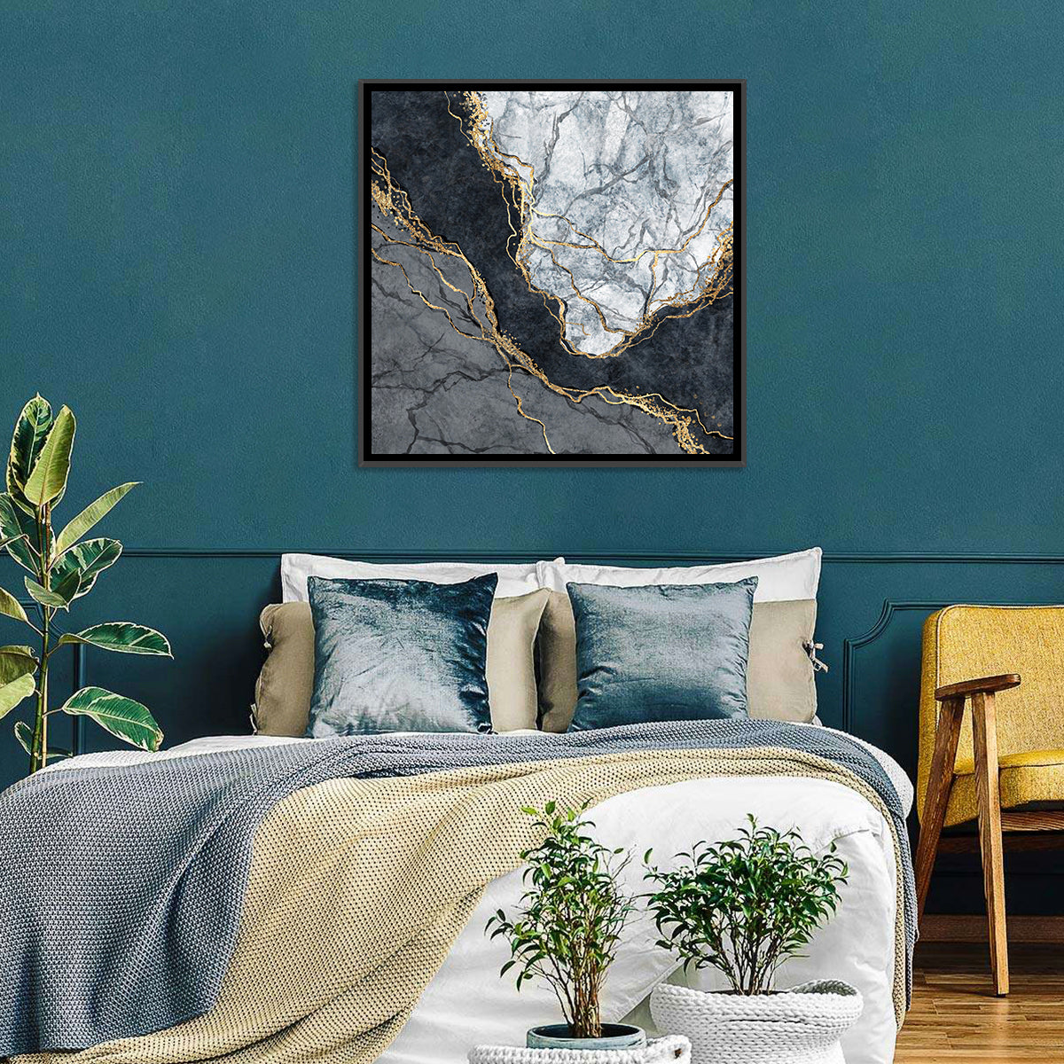 Black Stream Golden Veins Abstract Wall Art in a room, square