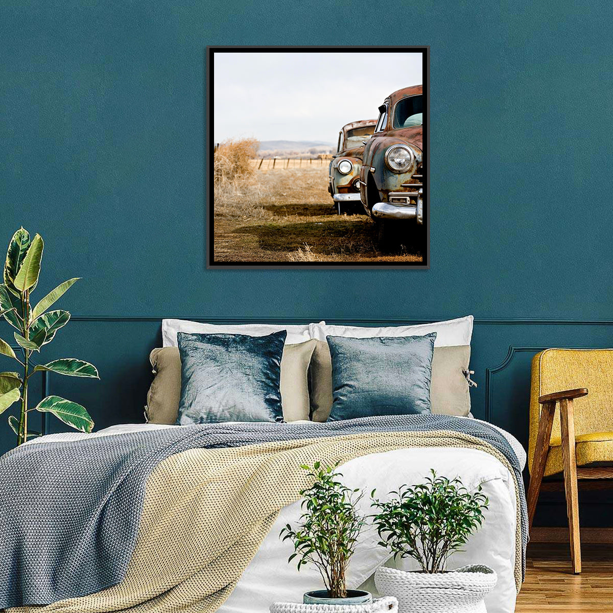 Abandoned Rusty Vintage Cars Behind Barbed Wire Wall Art