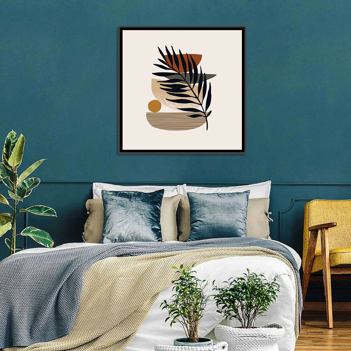 Balanced Palm Leaf Abstract Wall Art in a room, square