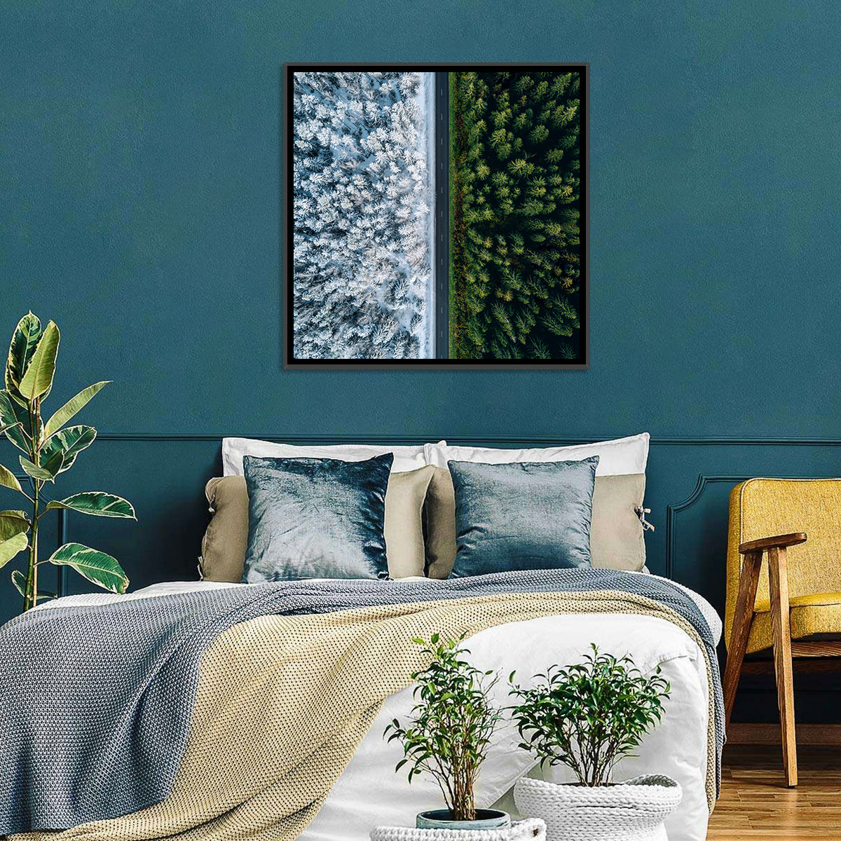 Summer and Winter Forests Wall Art in a room, square