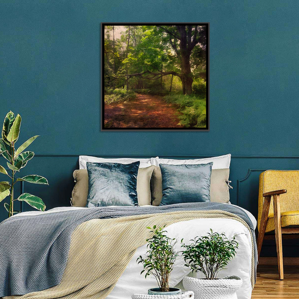 Sunlit Forest Trail Wall Art in a room, square