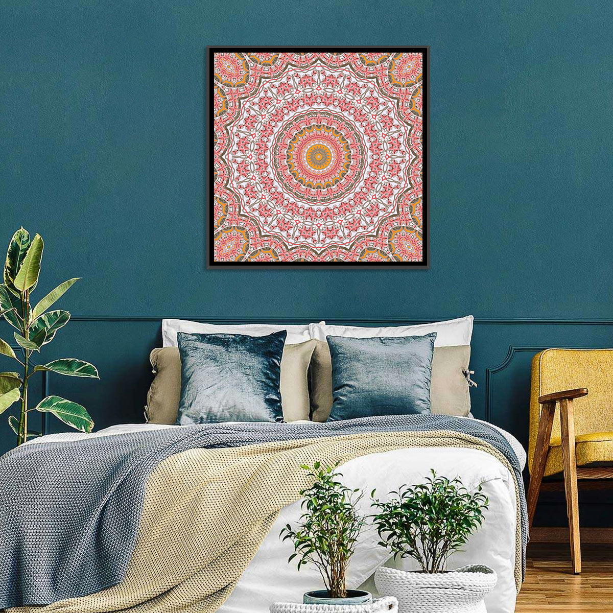 Pink Mosaic Mandala Wall Art in a room, square