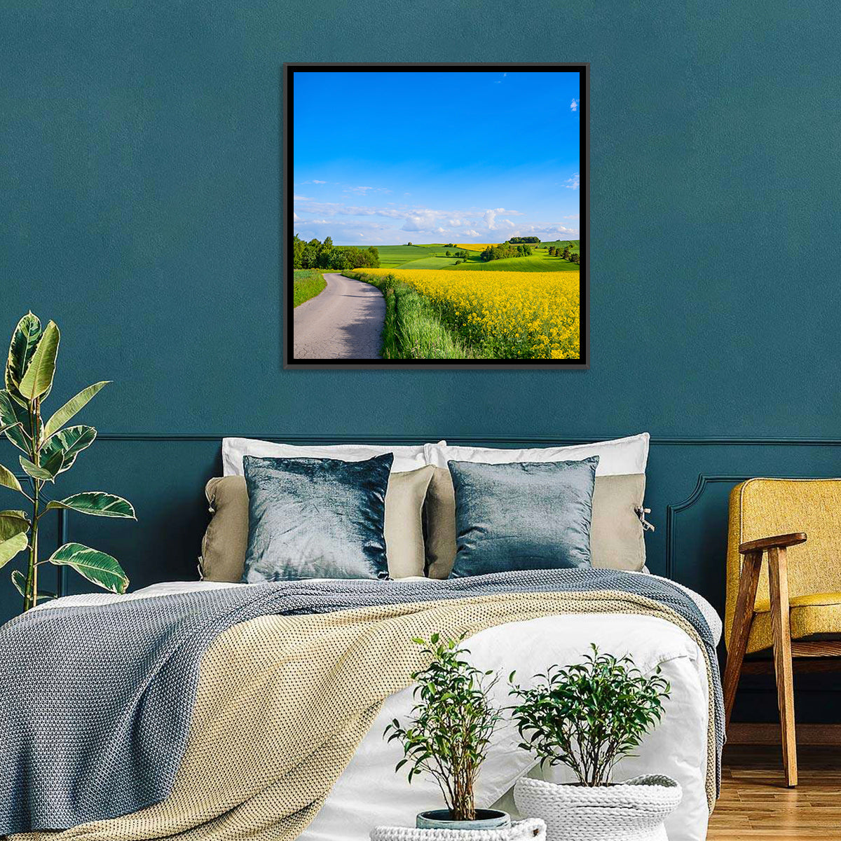 Rapeseed Field Road Under Blue Sky Wall Art