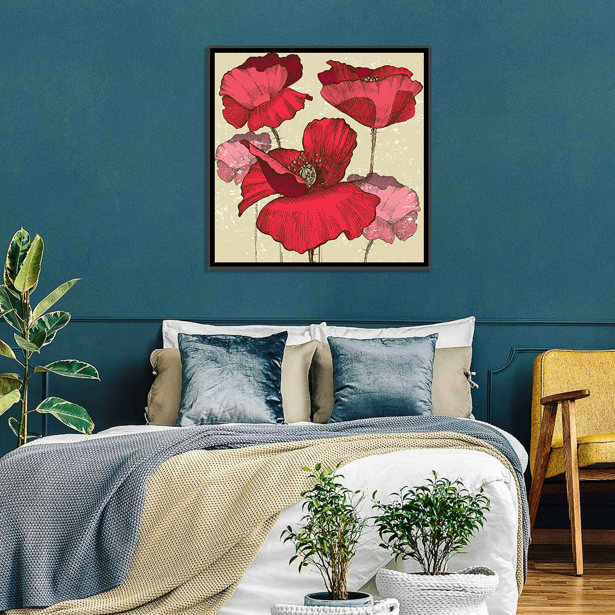 Vintage Poppy Illustration Wall Art in a room, square