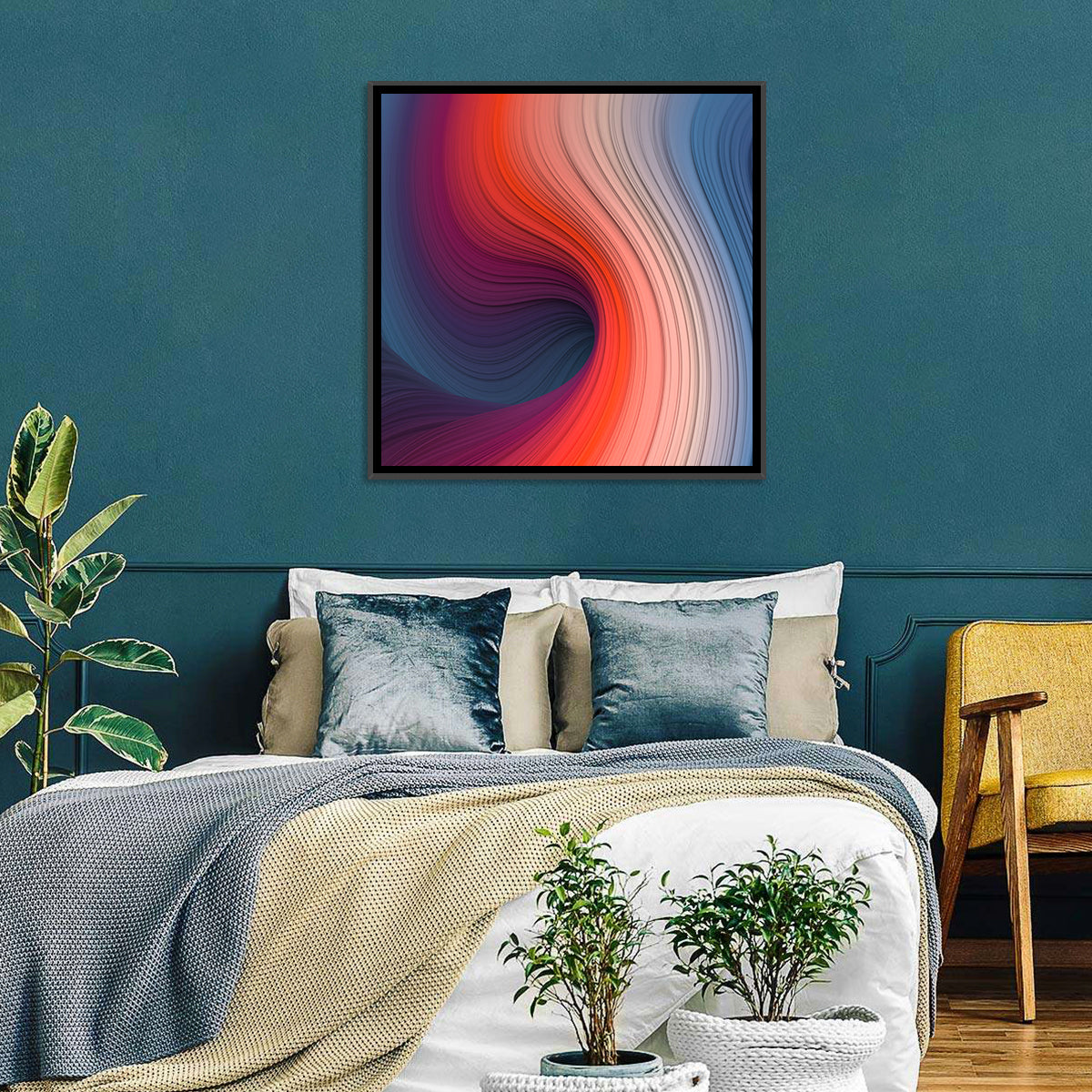 Gradient Wave Vortex Wall Art in a room, square