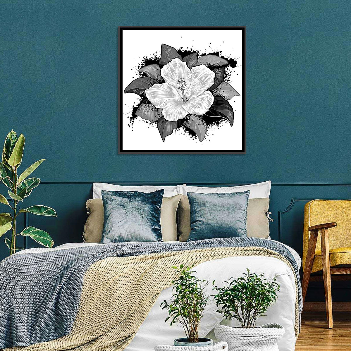 Ink Splatter Hibiscus Illustration Wall Art in a room, square
