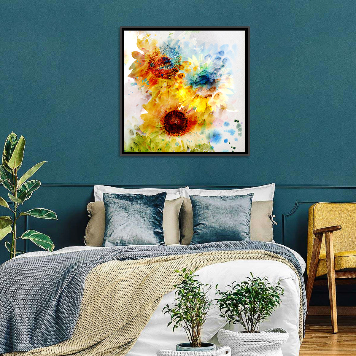 Watercolor Sunflower Trio Wall Art in a room, square