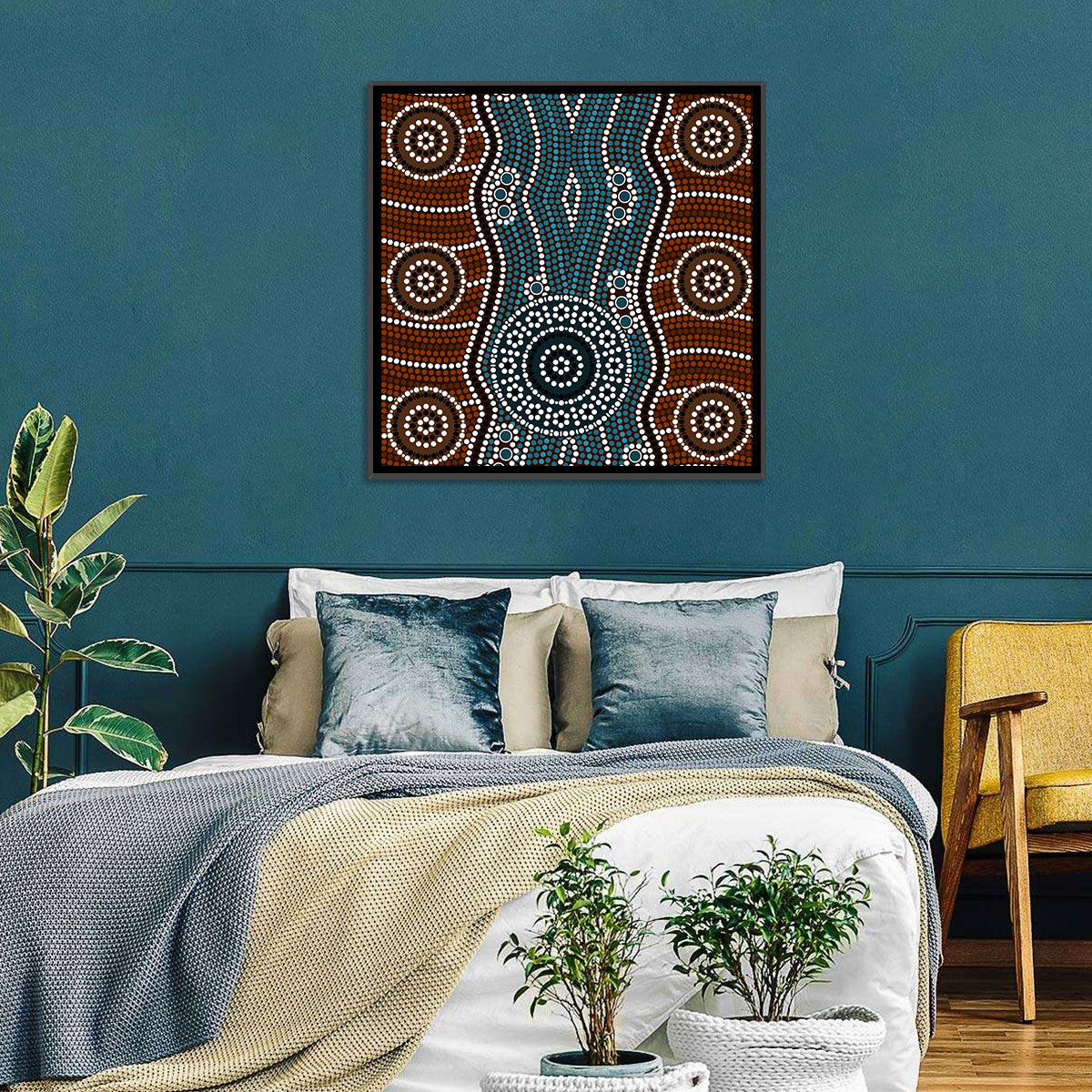 Concentric River Dot Painting Wall Art in a room, square