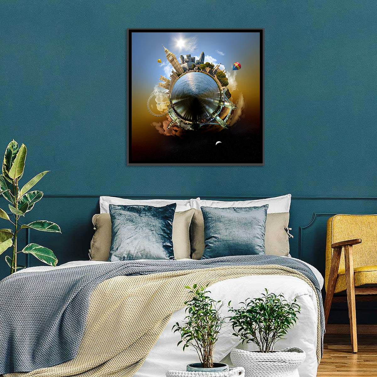 Miniature Planet London Skyline Wall Art in a room, square