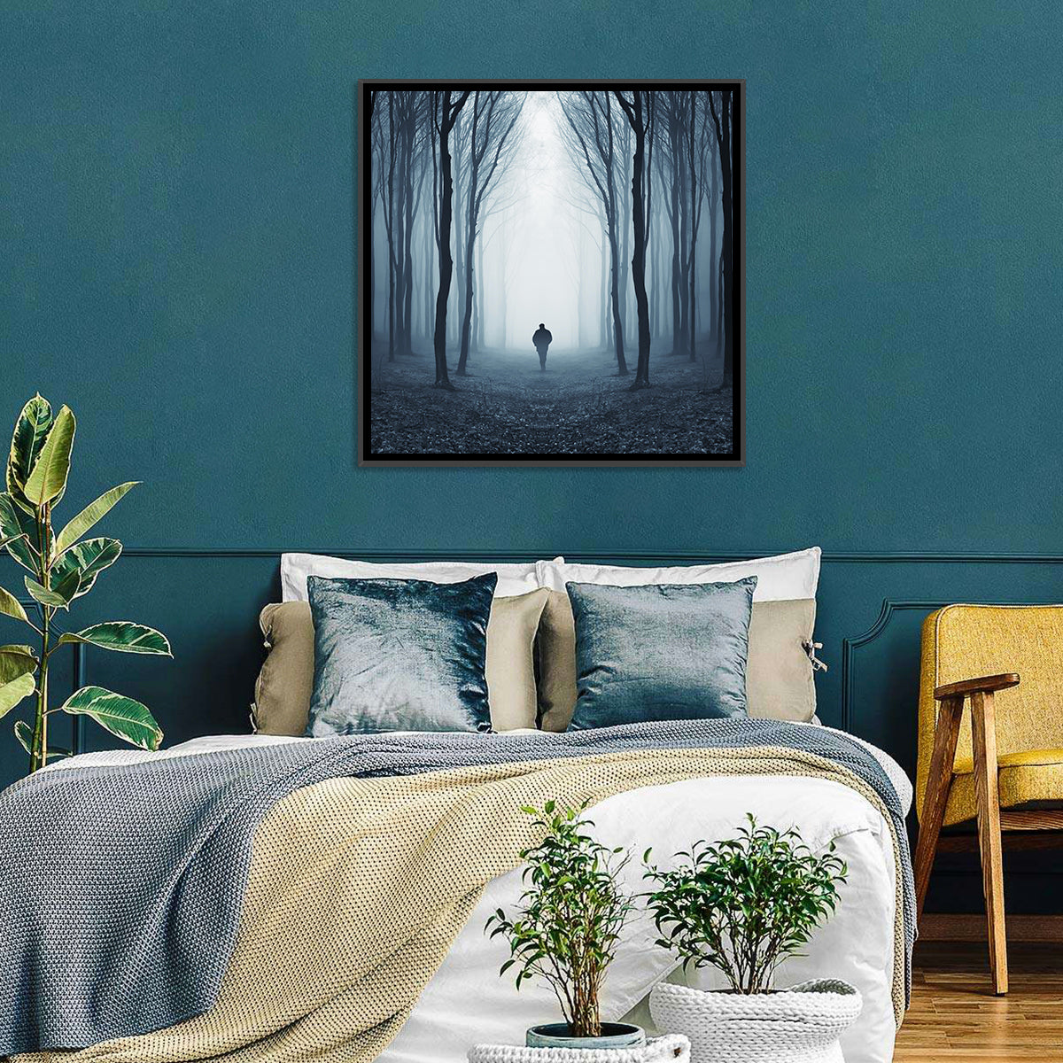 Lone Figure in Misty Forest Wall Art