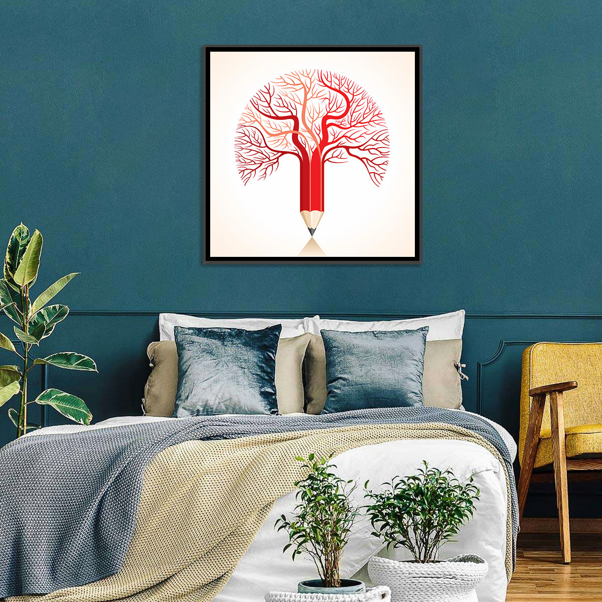 Knowledge Tree Pencil Illustration Wall Art in a room, square