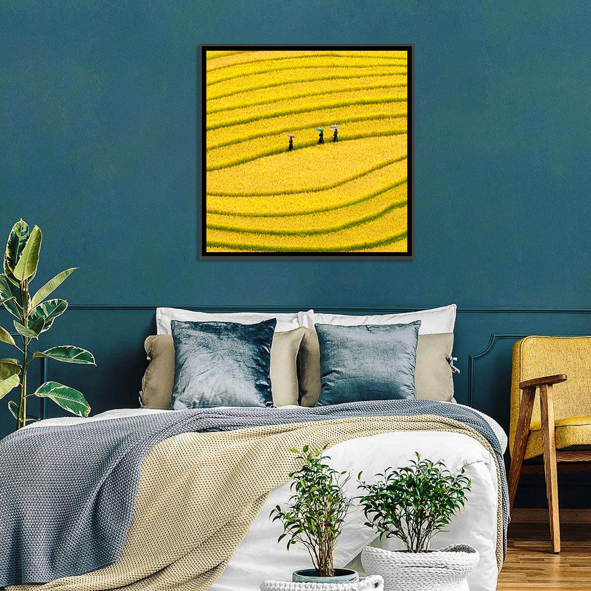 Golden Rice Terraces with Umbrellas Wall Art
