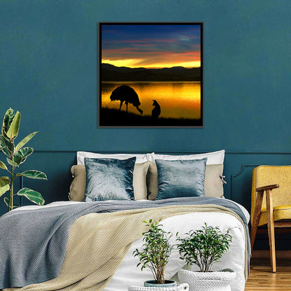 Kangaroo and Emu at Lake Sunset Wall Art