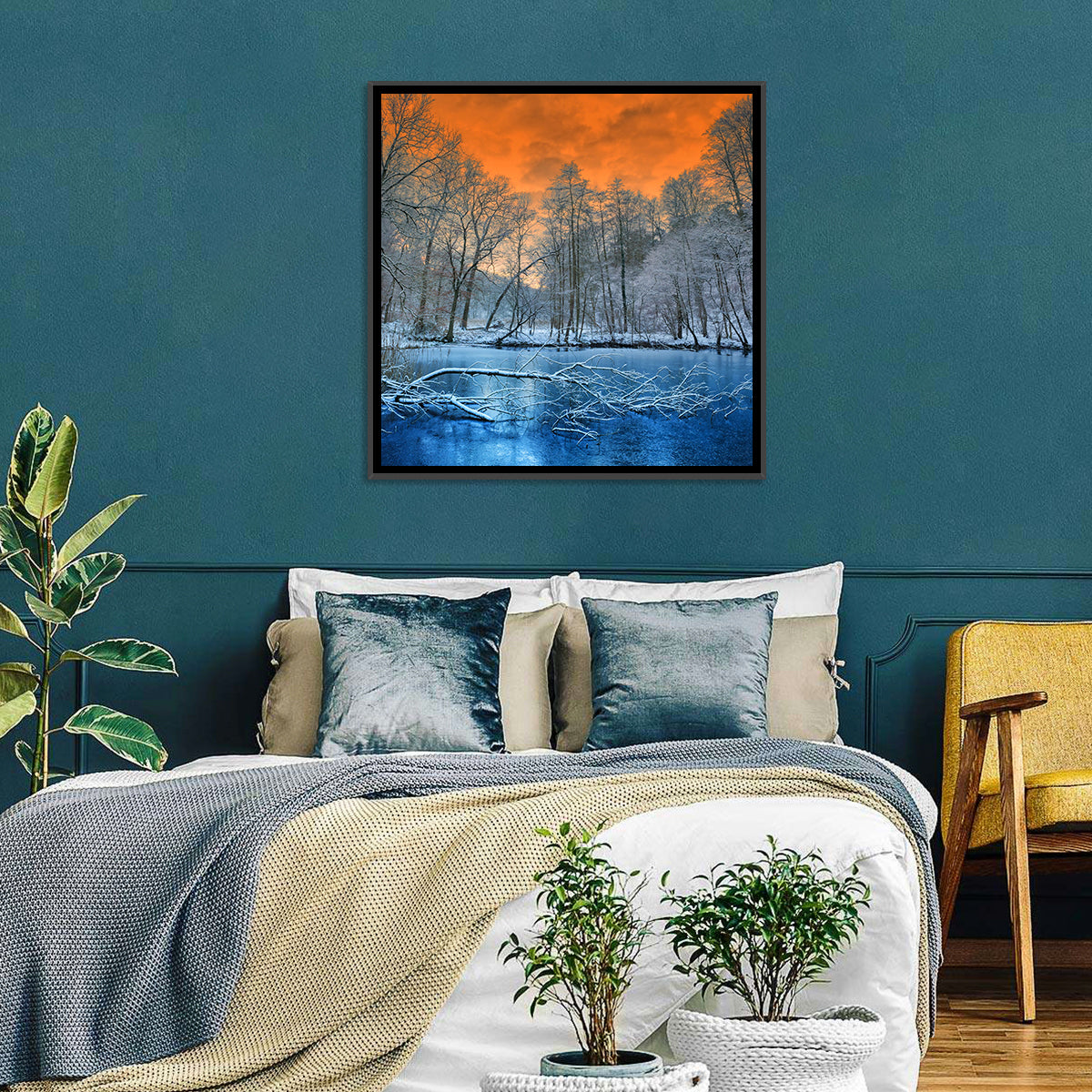 Sunset Over Winter Forest Lake Wall Art