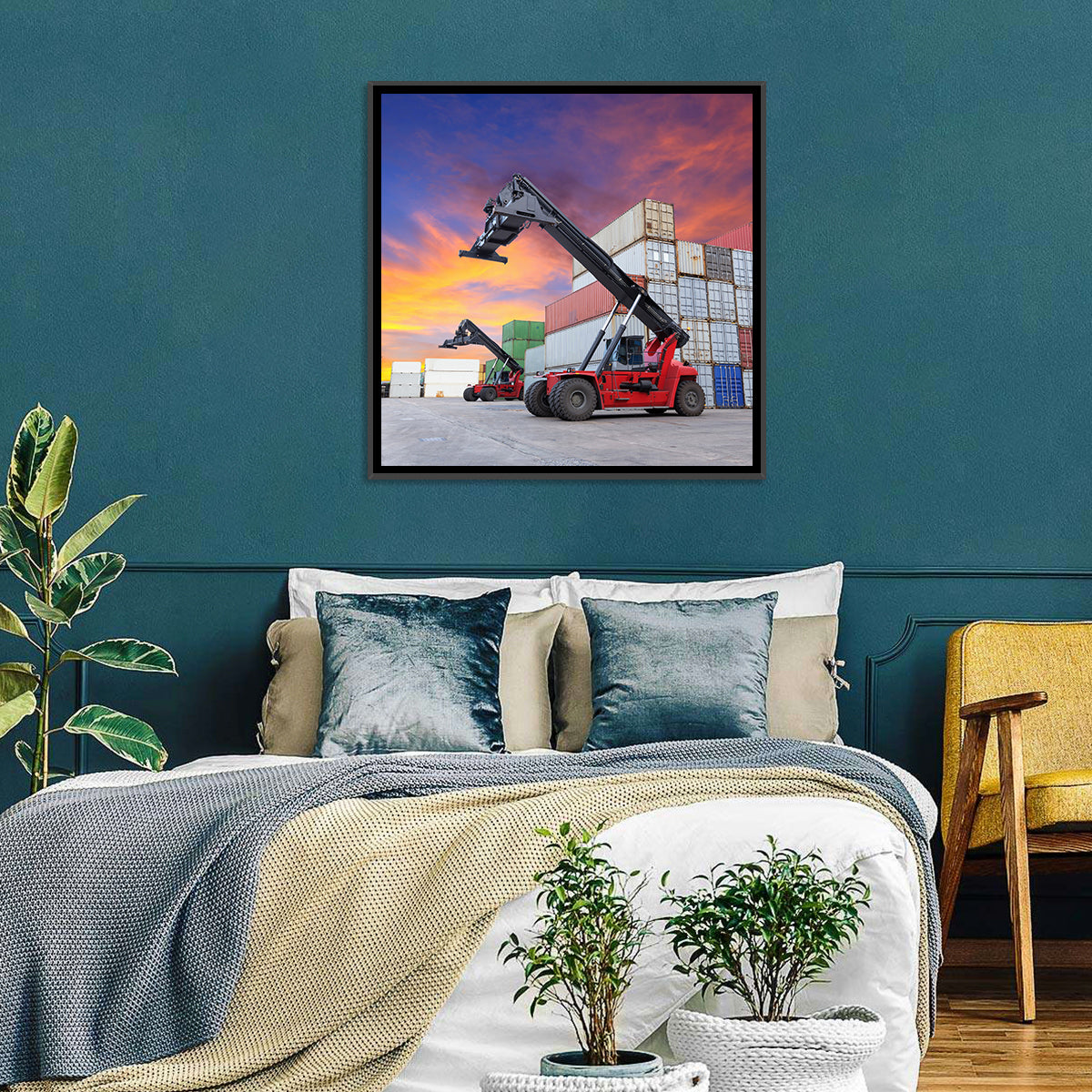 Red Reach Stackers at Sunset Wall Art