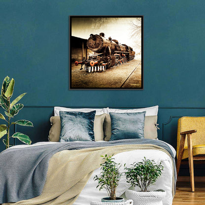 Sepia Steam Locomotive on Rusted Tracks Wall Art