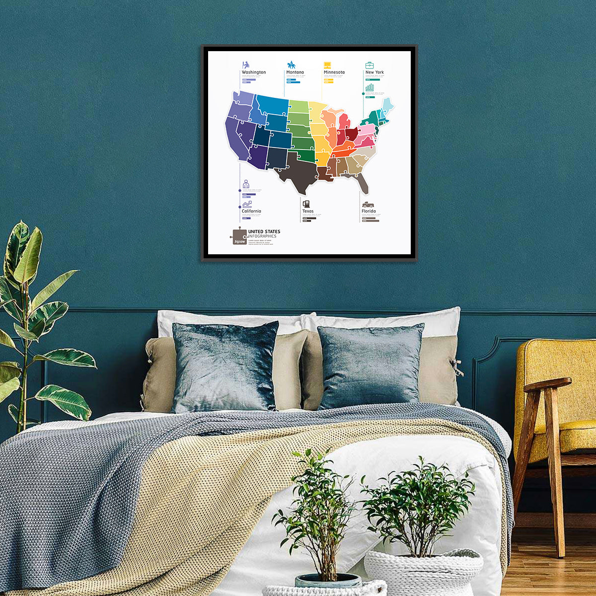 United States Jigsaw Map Wall Art in a room, square