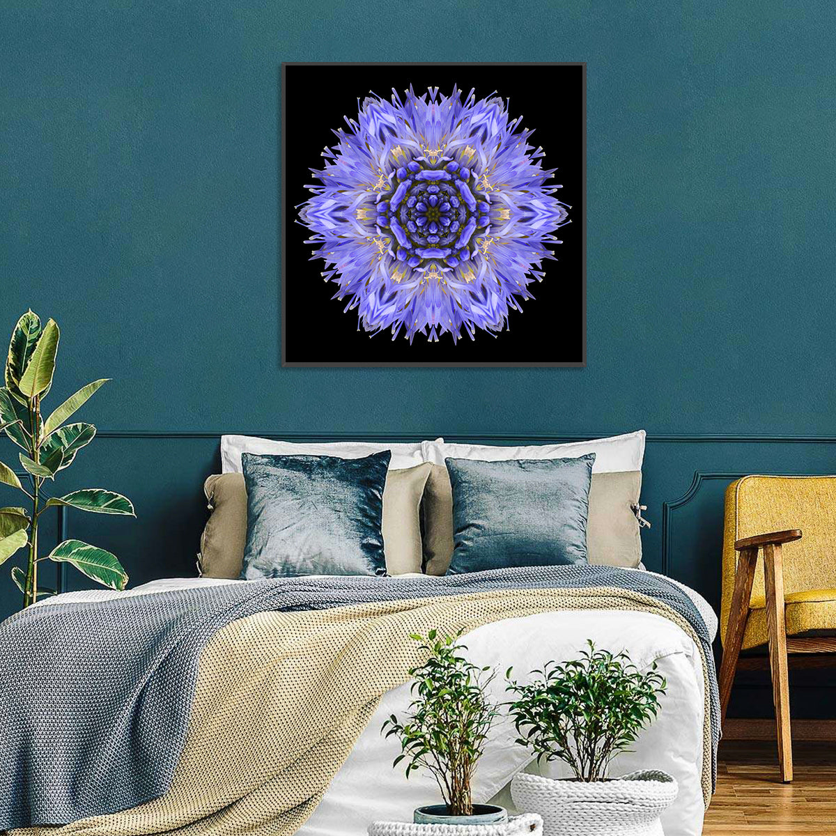Cornflower Mandala Kaleidoscope Wall Art in a room, square