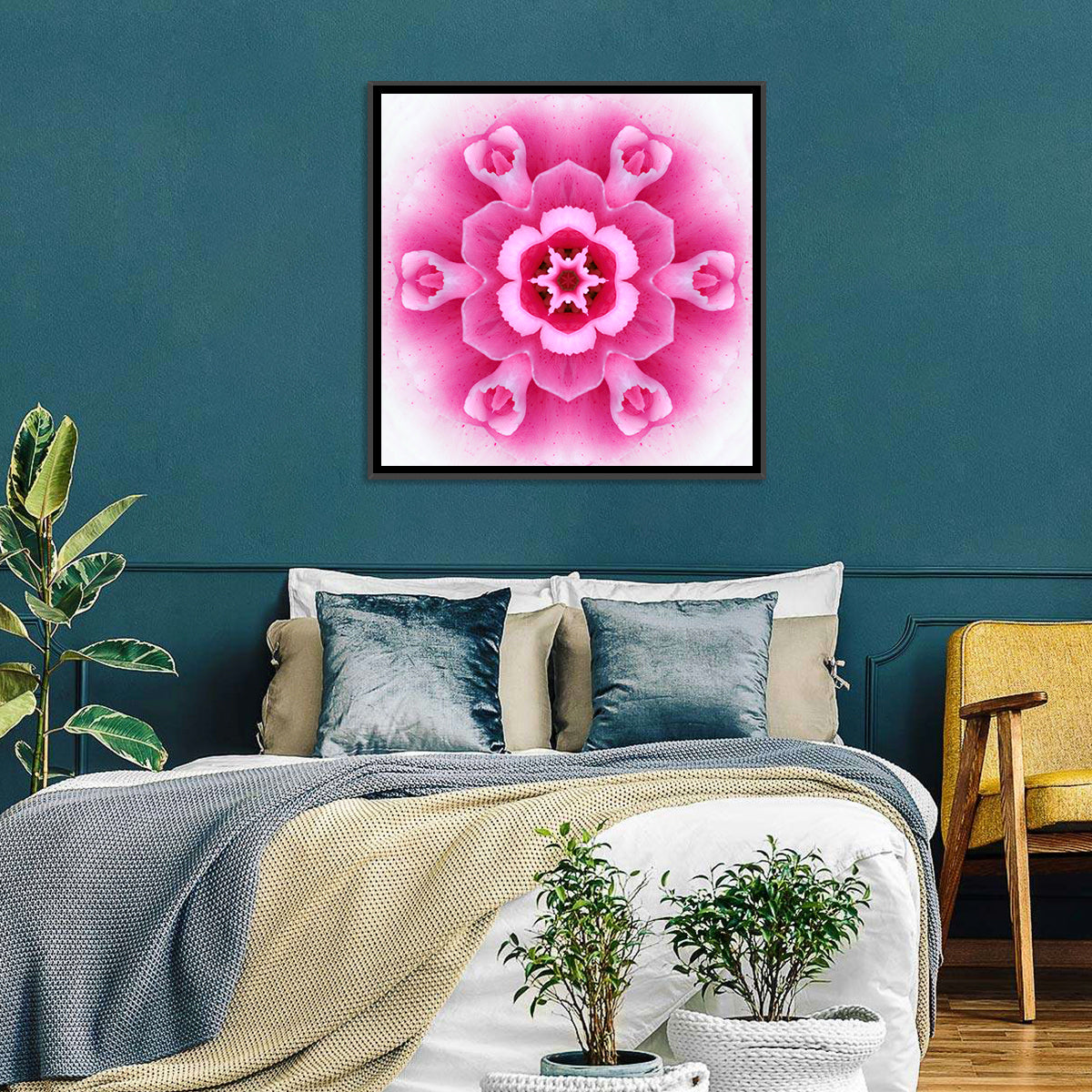 Pink Carnation Kaleidoscope Mandala Wall Art in a room, square