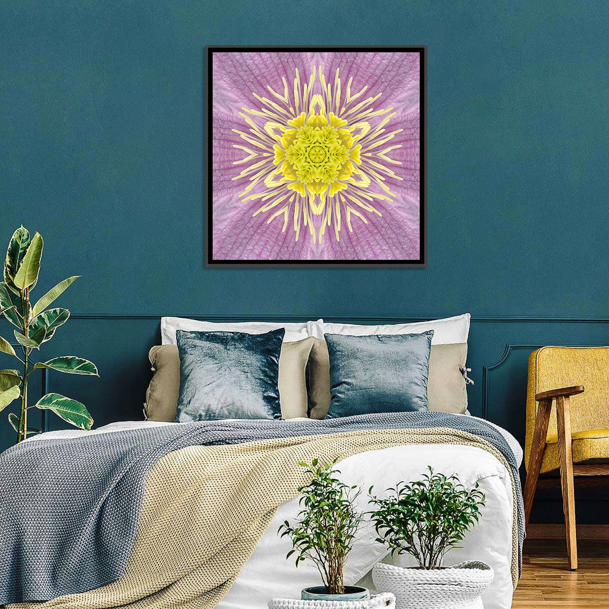 Kaleidoscopic Floral Mandala in Purple and Yellow Wall Art in a room, square