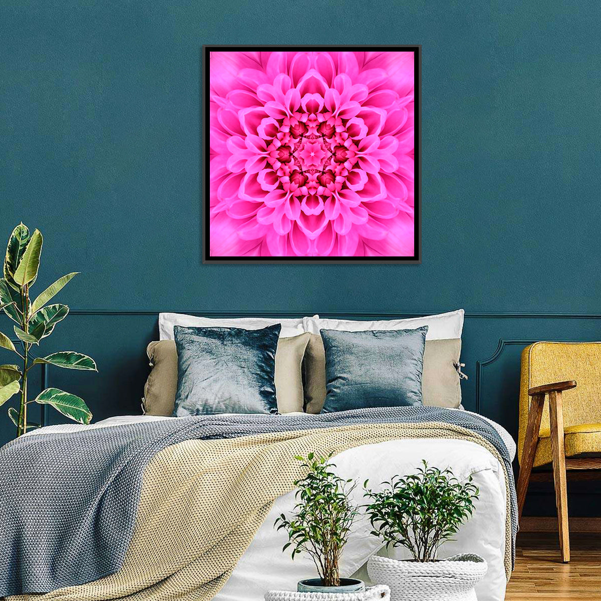 Kaleidoscopic Chrysanthemum Mandala in Magenta Wall Art in a room, square