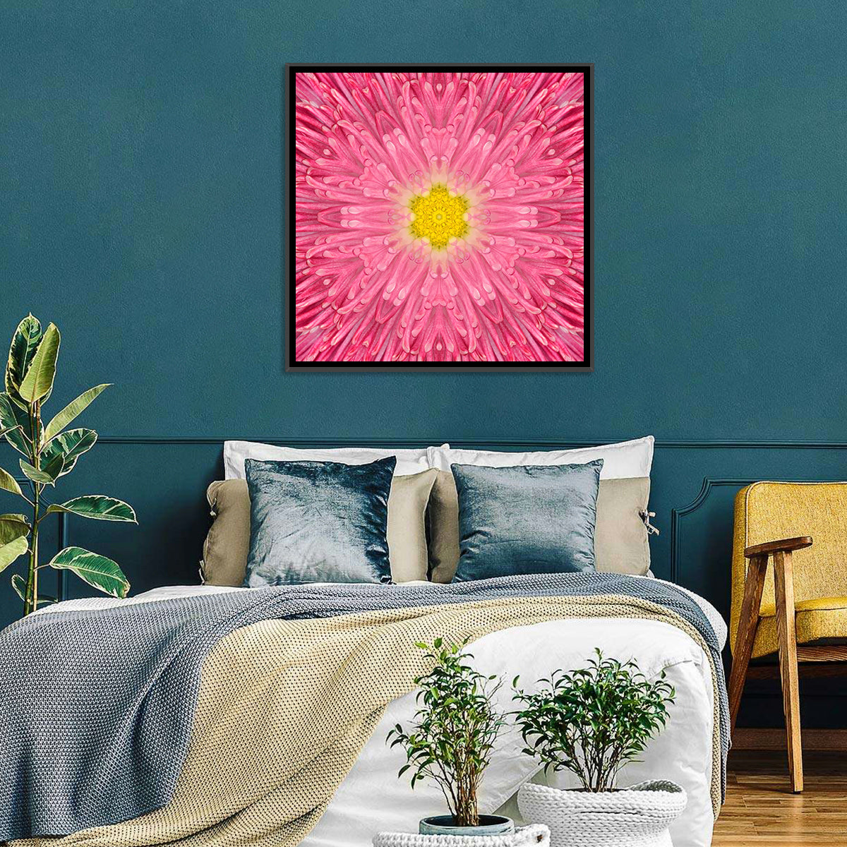 Kaleidoscopic Daisy Mandala Bloom Wall Art in a room, square