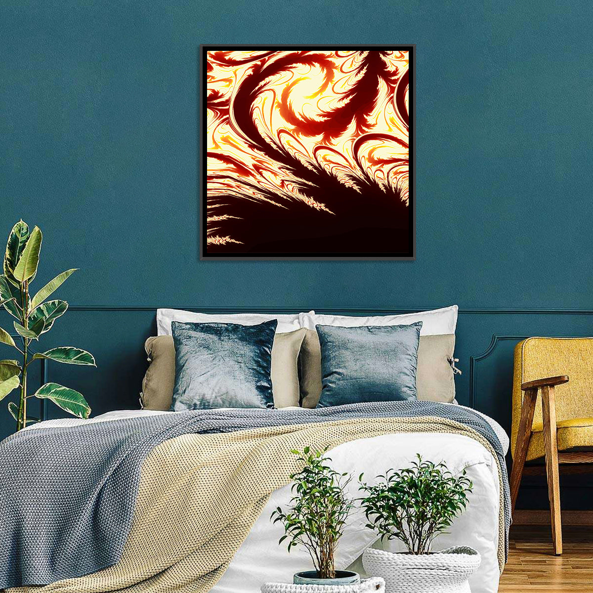 Flying Feathers in Flame Wall Art in a room, square