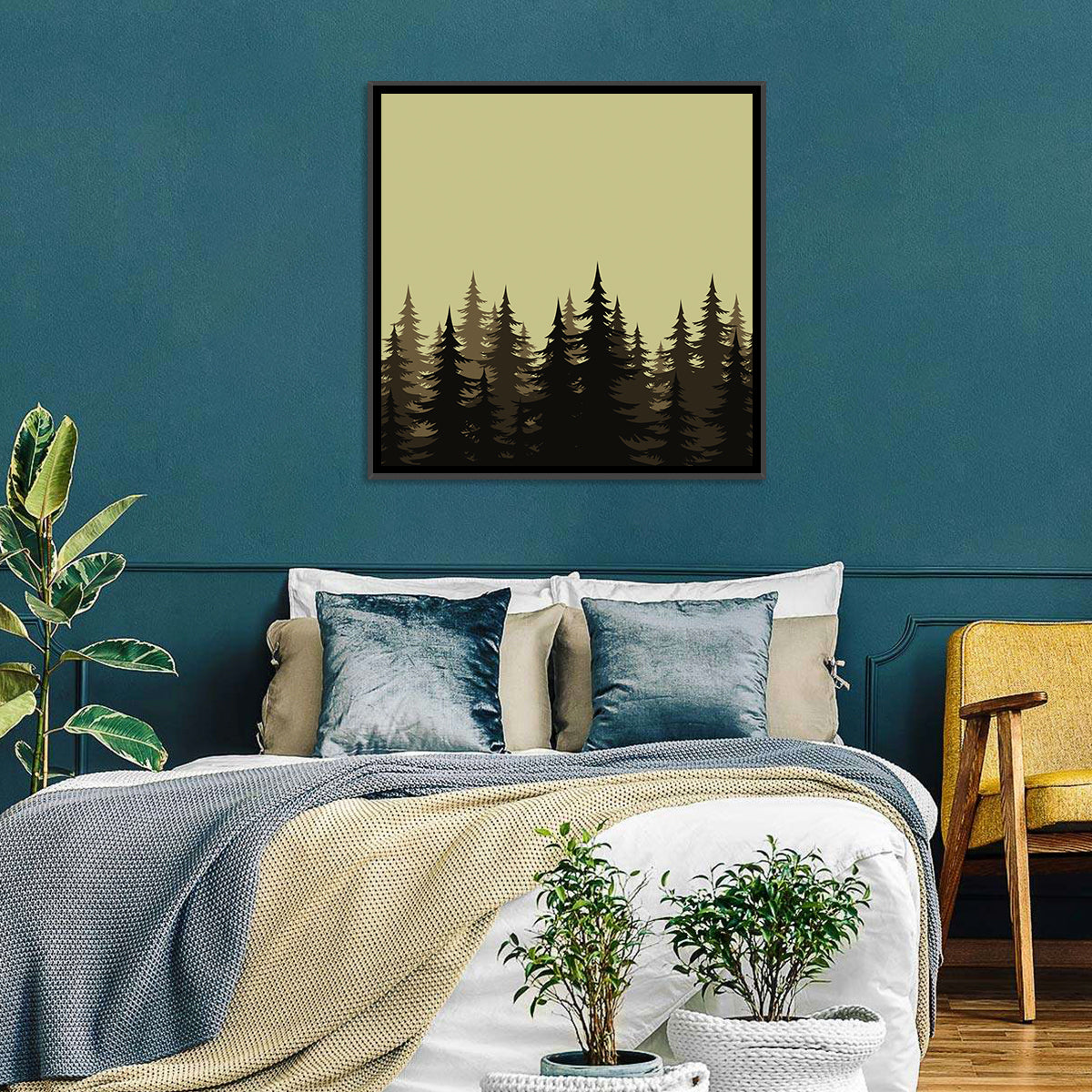 Fir Tree Silhouettes Wall Art in a room, square